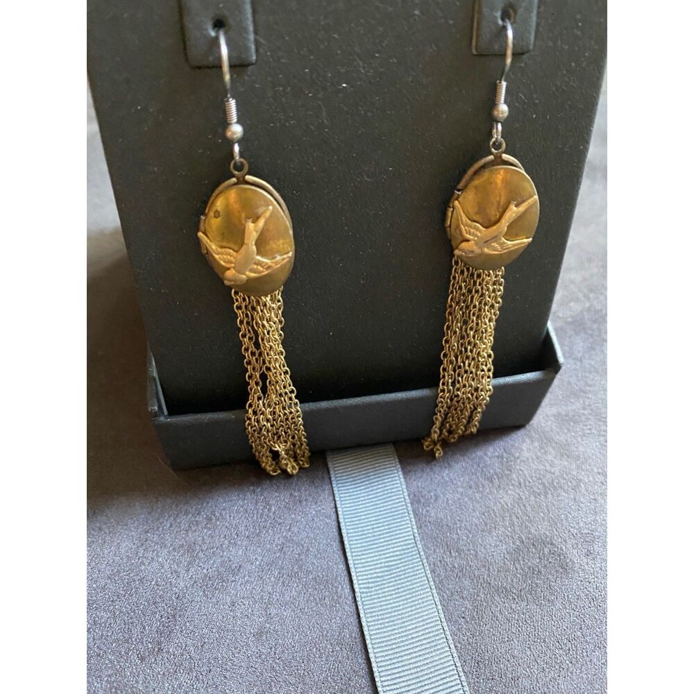 NIB Subversive Whimsical Bird Locket Chain Fringe Dangle Earrings